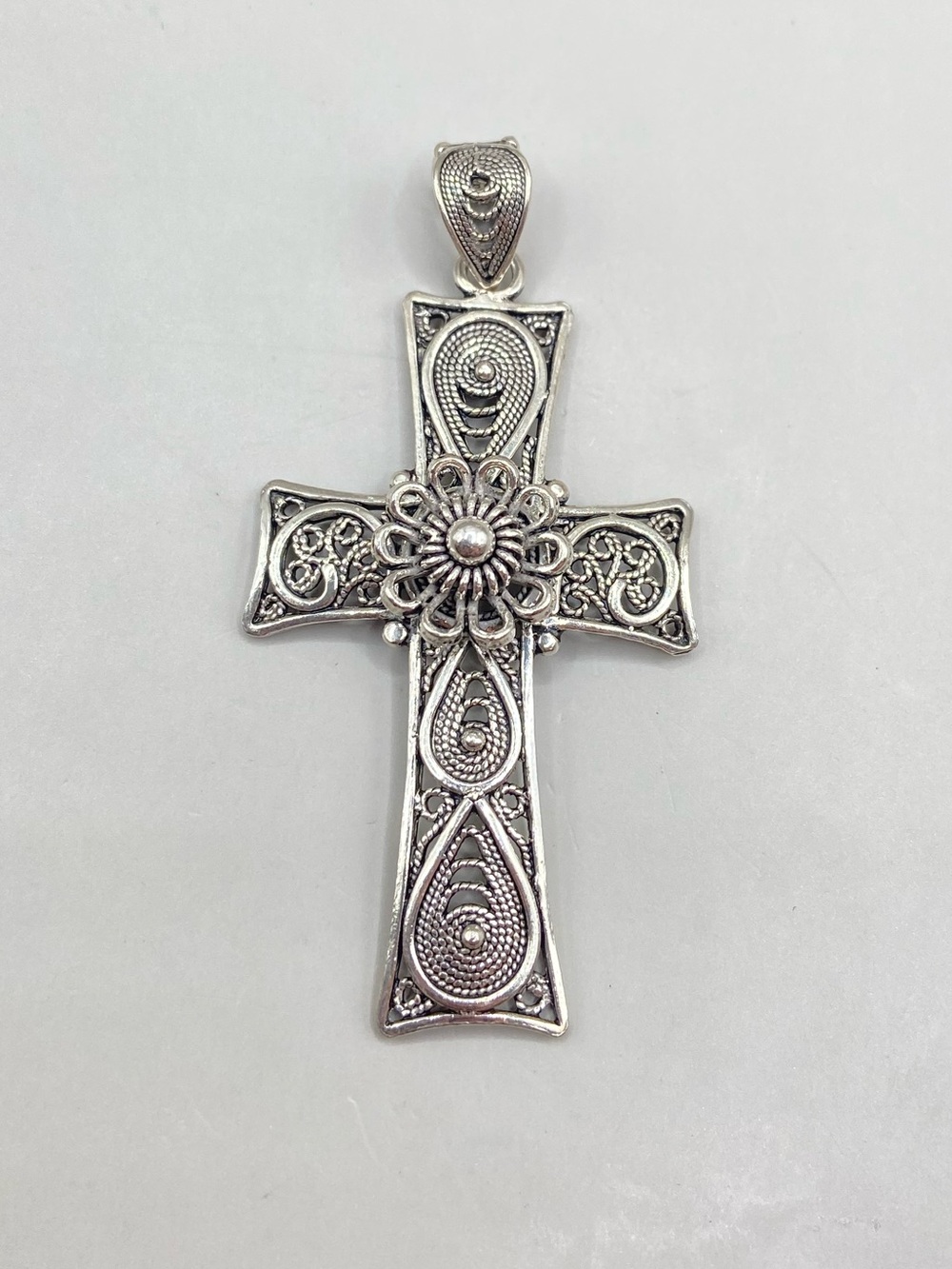 DGS Turkey Sterling Silver Filigree Flower Cross Pendant